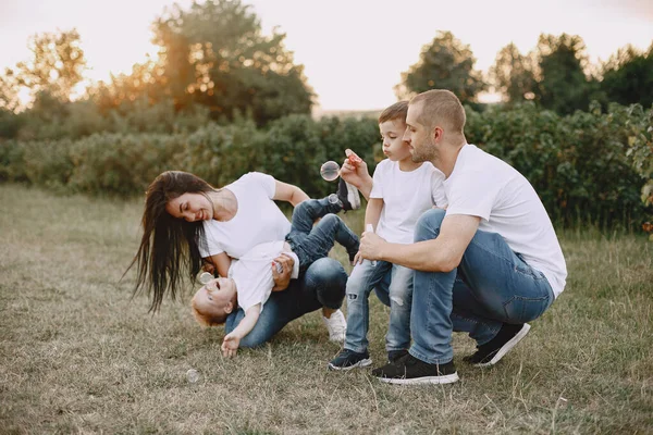 Søt familie som leker på sommerjordet. – stockfoto