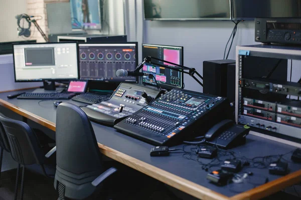 Close up of sound engineer studio with equipment — Stock Photo, Image