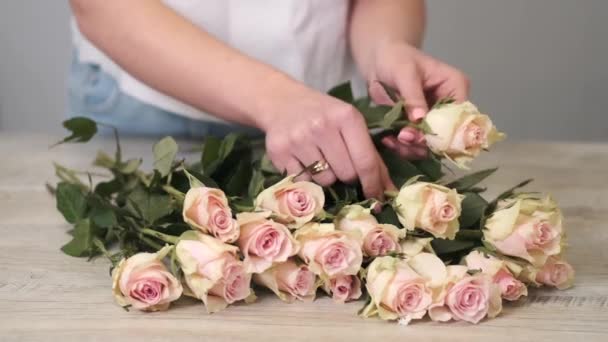 Γυναίκα ctting και διαλογή τριαντάφυλλα στο ανθοπωλείο — Αρχείο Βίντεο