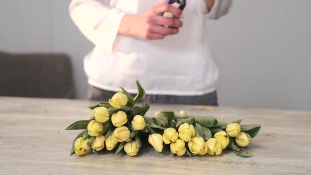 Frau macht Blumenkomposition Strauß aus Tulpen — Stockvideo