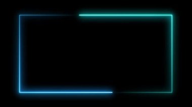 Siyah arkaplan üzerindeki çizgiler boyunca parlayan LED ışık efektiyle, kopyalama alanı için soyut mavi ve yeşil kare çerçeve. 4K döngüsü.