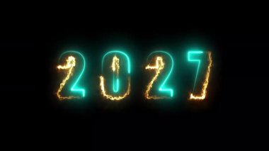Mutlu yıllar 2027. Yeni yıl kutlamalarının arka plan tasarımı için sayılar etrafında koşan neon ışığı ve alev animasyonu metni. 4K yatay