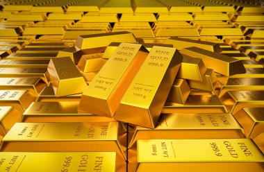 Altın külçeleri arka plan, büyük bir altın stoğu. Dünya altın piyasasının altın döviz kuru kavramı ve değerli metal yatırımları..