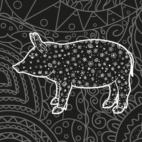 正方形の複雑なパターン 模様の豚とモノクロームの壁紙 手描きの模様 白黒のイラスト — ストックベクタ