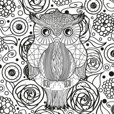 Ana hatlı baykuşlu kare desenli. El çizimi dekoratif arka plan. Siyah beyaz illüstrasyon