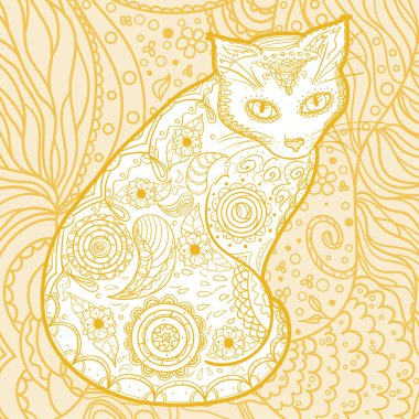 Karmaşık bir arkaplan. El yapımı desenli kedi. Yetişkinler için ruhsal rahatlama tasarımı