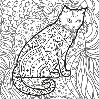 Karmaşık bir arkaplan. El yapımı süslemeli kedi. Yetişkinler için ruhsal rahatlama tasarımı. Siyah beyaz illüstrasyon