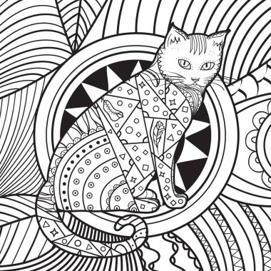 Zen kedisi ile kare desen. El çizimi soyut arkaplan