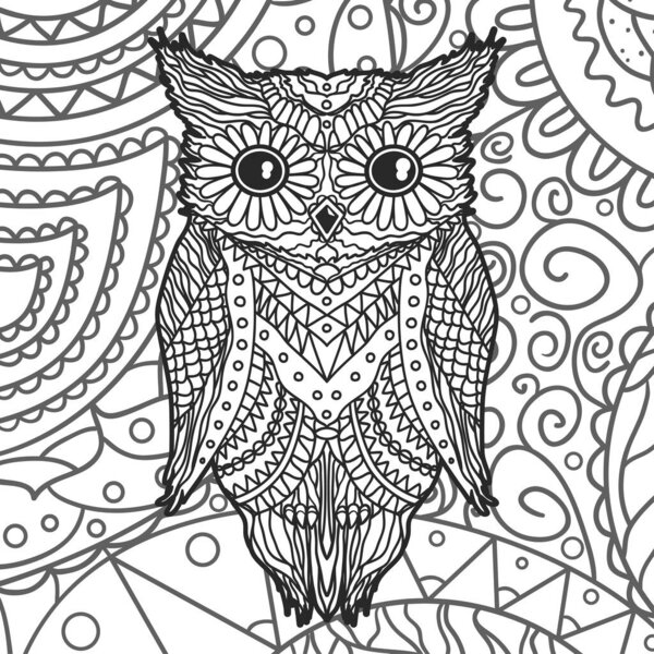 Square pattern with zen owl. Hand drawn abstract background