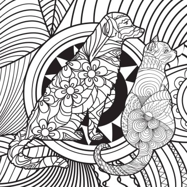 Soyut kare şeklinde desenli kedi ve köpek. El çizimi soyut desen. Siyah beyaz illüstrasyon