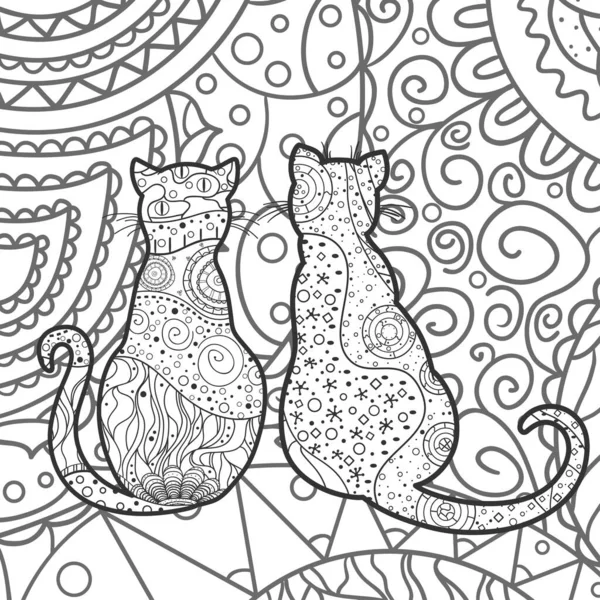 Квадратний Заплутаний Фон Рука Намальованих Прикрашених Котів Дизайн Духовної Релаксації — стоковий вектор