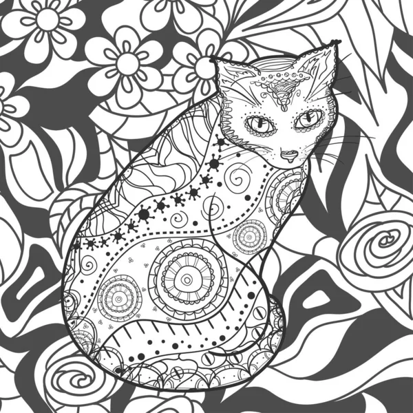 Quadrado Fundo Intrincado Gato Ornamentado Desenhado Mão Design Para Relaxamento —  Vetores de Stock