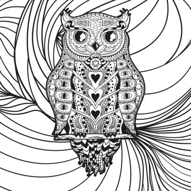 Zen baykuşuyla kare şeklinde. El çizimi soyut arkaplan