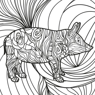 Soyut desenli domuz. Elle çizilmiş süsler. Yetişkinler için ruhsal rahatlama tasarımı. Siyah beyaz illüstrasyon