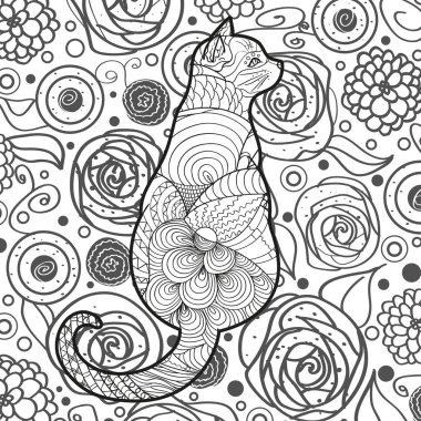 Karmaşık bir arkaplan. El yapımı süslemeli kedi. Yetişkinler için ruhsal rahatlama tasarımı. Siyah beyaz illüstrasyon