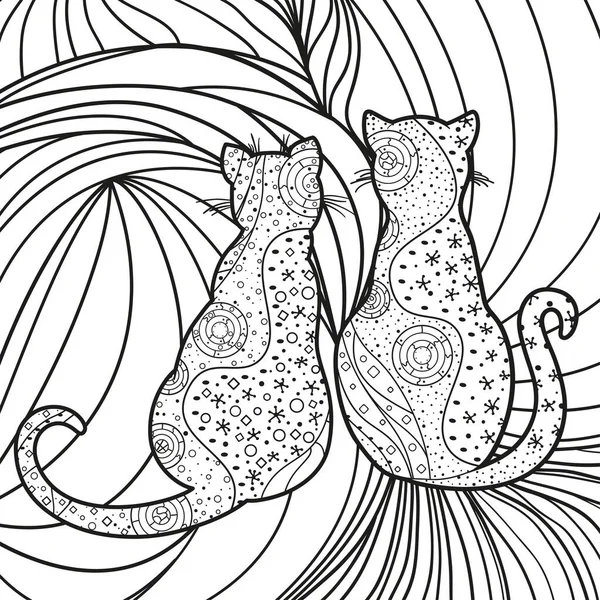 正方形复杂的背景 手绘华丽的猫 为成年人设计精神上的放松 黑白插图 — 图库矢量图片