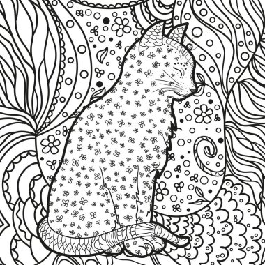 Zen kedisi ile kare desen. El çizimi soyut bir arkaplan. Renkler için siyah ve beyaz illüstrasyon