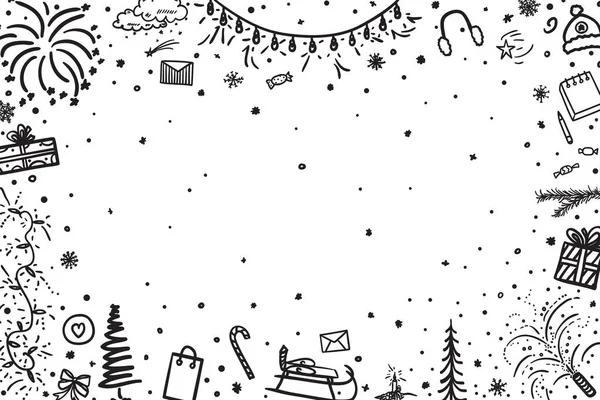 お祭りのXmasフレーム 手描きのクリスマス要素 抽象的な休日の標識やオブジェクト 白黒のイラスト — ストックベクタ