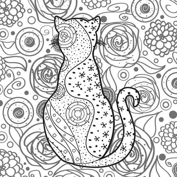 Square Intricate Background Hand Drawn Ornate Cat Black White Illustration — Stock Vector