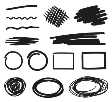 El çizimi karalama. İzolasyon arka planındaki ana unsurlar. Elementler doğrusal olarak çizilir. Siyah beyaz illüstrasyon