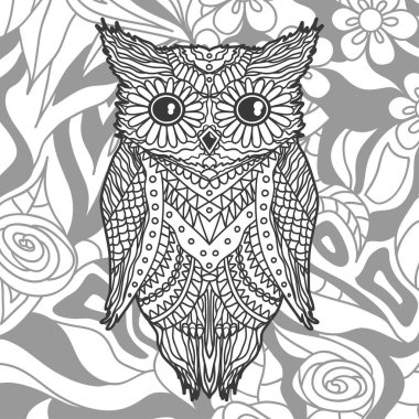 Zen baykuşuyla kare şeklinde. El çizimi arka plan. Siyah beyaz illüstrasyon