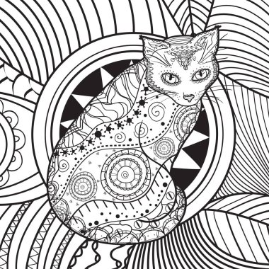 Kare şeklinde. Soyut kare şeklinde Zentangle kedisi. El yapımı desenli kedi. Serbest çalışma sanatı. Renkler için siyah ve beyaz illüstrasyon