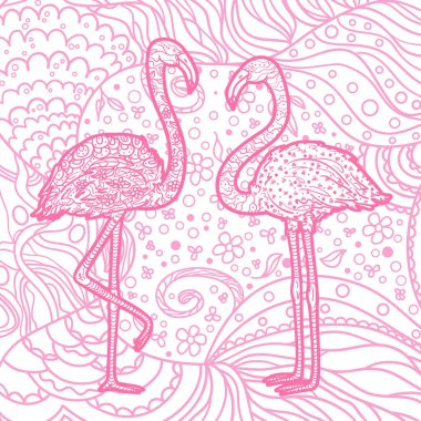 Zen kuşlarıyla kare şeklinde. Serbest çalışma sanatı. Zentangle. Flamingolu el yapımı mandala.