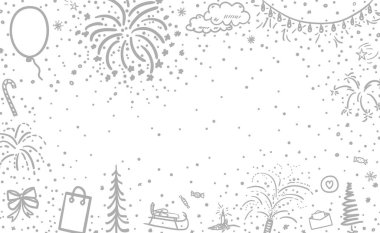 Şenlik arka planı. El yapımı Noel elementleri. Soyut tatil işaretleri ve nesneler. Serbest çalışma sanatı. Siyah beyaz illüstrasyon