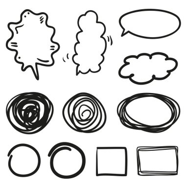 El yapımı düşünme ve konuşma baloncukları. Beyaz üzerine soyut semboller. Kelimeler için ganimet deseni. Çizgi çalışması. Siyah beyaz illüstrasyon