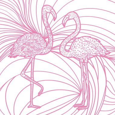 Zen kuşlarıyla kare şeklinde. Serbest çalışma sanatı. Zentangle. Flamingolarla el çizimi arkaplan
