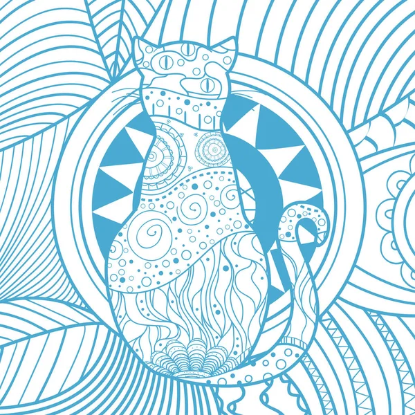 パターン化された猫と正方形の禅パターン ゼンタングル 手描きの装飾品 フリーハンド アート 大人のための精神的なリラクゼーションのためのデザイン — ストックベクタ