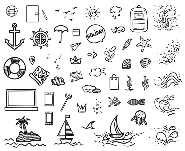 El çizimi tatil öğeleri. Sketchy karalamalar. Yaz tatili. İşaretler ve semboller. Siyah beyaz illüstrasyon