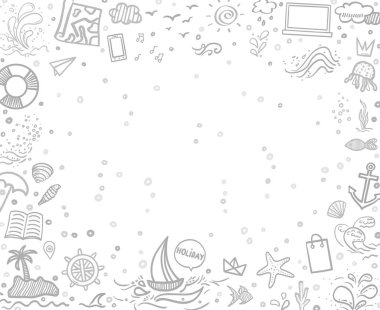 Çerçeveli arka planda el çizimi tatil öğeleri. Summer rahatla. Çerçeve serbest. İşaretler ve semboller. Siyah beyaz illüstrasyon
