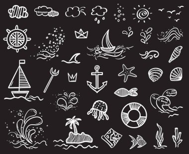 İzole edilmiş siyah arka planda beyaz tatil unsurları. Sketchy karalamalar. Summer rahatla. İşaretler ve semboller. Siyah beyaz illüstrasyon