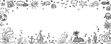 Çerçeveli arka planda el çizimi tatil öğeleri. Summer rahatla. Çerçeve serbest. İşaretler ve semboller. Siyah beyaz illüstrasyon