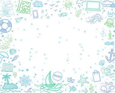 El çizimi renkli çerçeve. Tatil elemanları. Renkli kabataslak karalamalar. Yaz tatili. İşaretler ve semboller