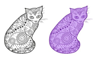 Beyazın üstünde kedi. Zentangle. İzolasyon arka planında soyut desenleri olan el yapımı soyut bir hayvan. Siyah beyaz ve renkli bir karakter.
