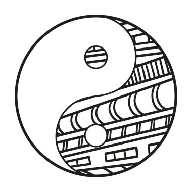 Yin ve Yang. İzole edilmiş arka planda elle çizilmiş dini bir sembol. Yetişkinler için ruhsal rahatlama tasarımı. Siyah beyaz illüstrasyon