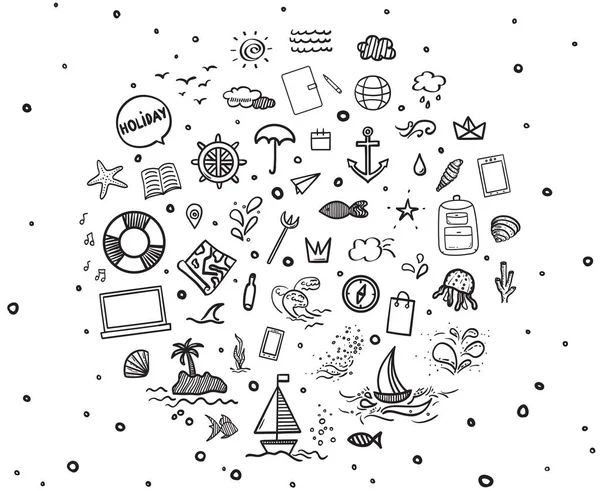Ručně Kreslené Černé Sváteční Prvky Bílém Letní Prázdniny Značky Symboly — Stockový vektor