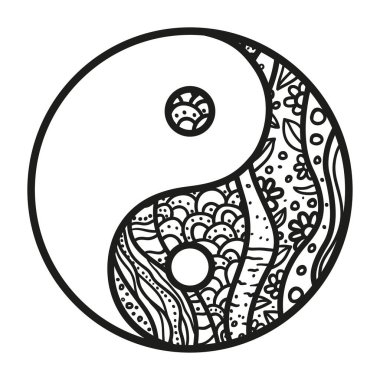 Yin ve Yang. Zentangle. El çizimi zen mandala izole arka planda. Yetişkinler için ruhsal rahatlama tasarımı. Çizgi sanatı. Siyah beyaz illüstrasyon