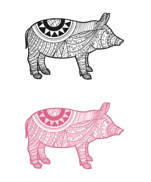白い豚 孤立した背景に複雑なパターンを持つ手描きの動物 白と黒の文字 — ストックベクタ