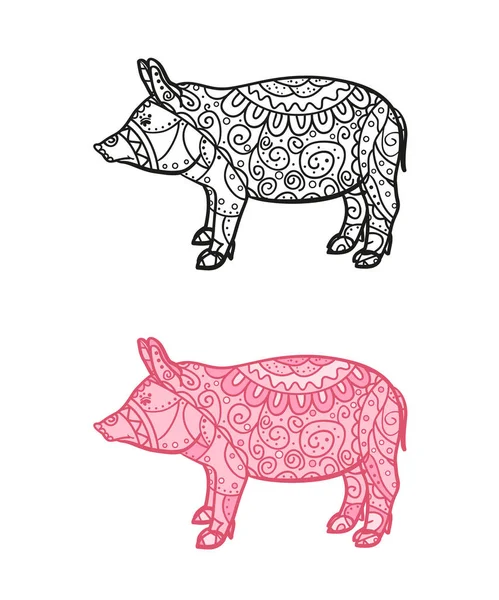 白い豚 孤立した背景に抽象的な動物を手描き 抽象的な華やかなキャラクター 異なる色オプション — ストックベクタ