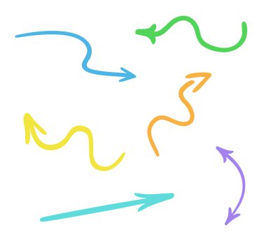 Beyaz üzerine renkli ok. Yarım yamalak işaretler seti. El çizimi işaretler. Soyut oklar