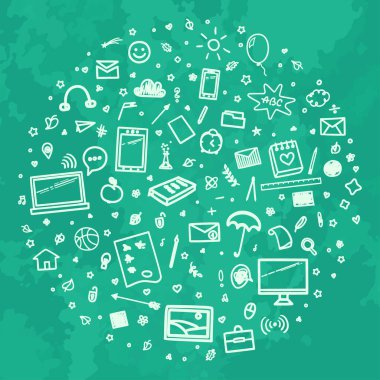 Okula dönelim. Farklı işaretler. Soyut kara tahta. Elle çizilmiş okul malzemeleriyle özensiz bir geçmişi var. Bayrak tasarımı. İşiniz için karalama