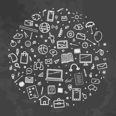 Okula dönelim. Okul malzemelerinin soyut kalıpları. Eğitim konsepti. Siyah beyaz illüstrasyon