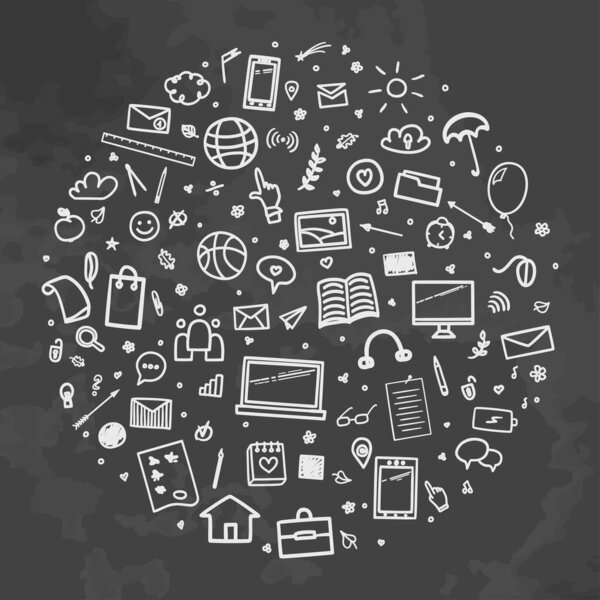 Возвращайся в школу. Абстрактный образец школьных принадлежностей. Концепция образования. Черно-белая иллюстрация