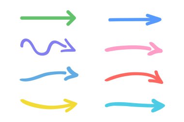 Soyut renkli el çizimi oklar. Beyazın üzerine renkli bilgi elementleri. Farklı noktalar kümesi