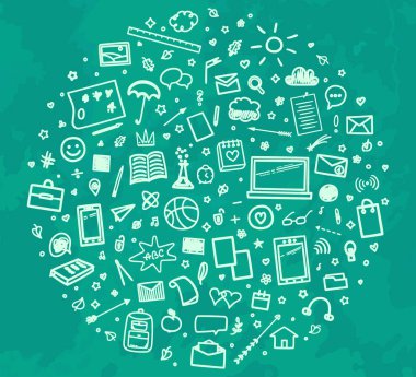 Okula dönelim. Farklı işaretler. Soyut kara tahta. Elle çizilmiş okul malzemeleriyle özensiz bir geçmişi var. Pankart tasarımı