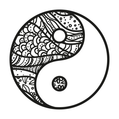 Yin ve Yang. Zentangle. El çizimi zen mandala izole arka planda. Yetişkinler için ruhsal rahatlama tasarımı. Siyah beyaz illüstrasyon