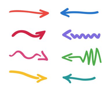 Renkli el çizilmiş oklar. Beyazın üzerine renkli bilgi elementleri. Serbest çizim. Farklı noktalar kümesi